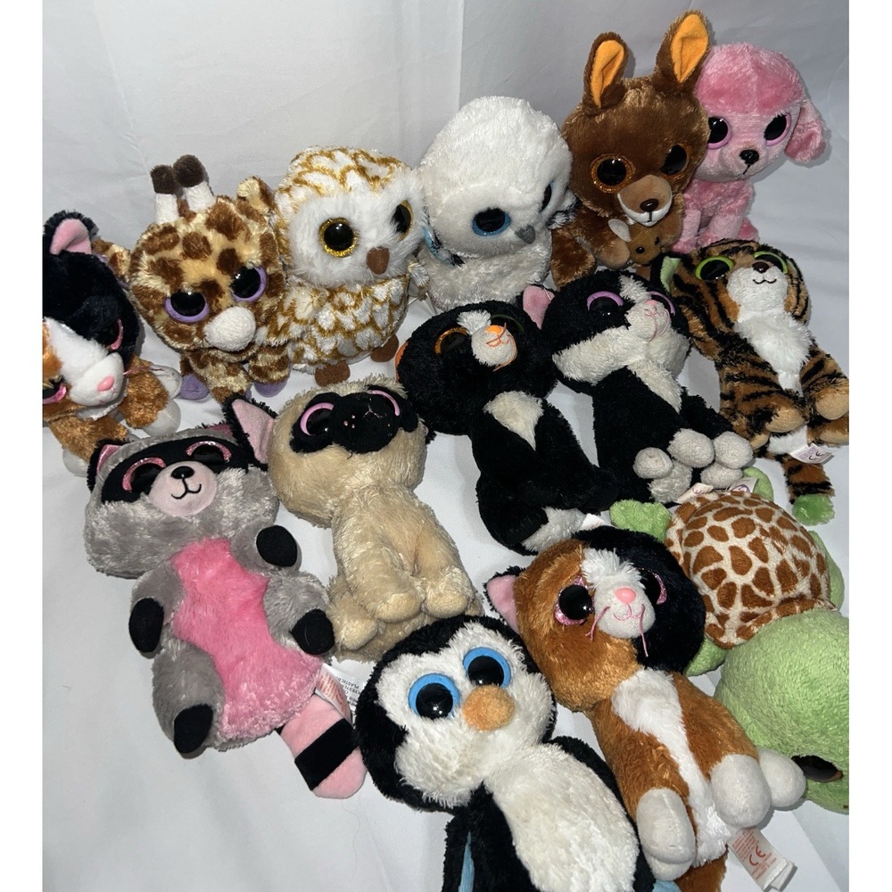 LOT OF 14 TY BEANIE BOO PLUSH Cats Tigers Turtles Dogs and More